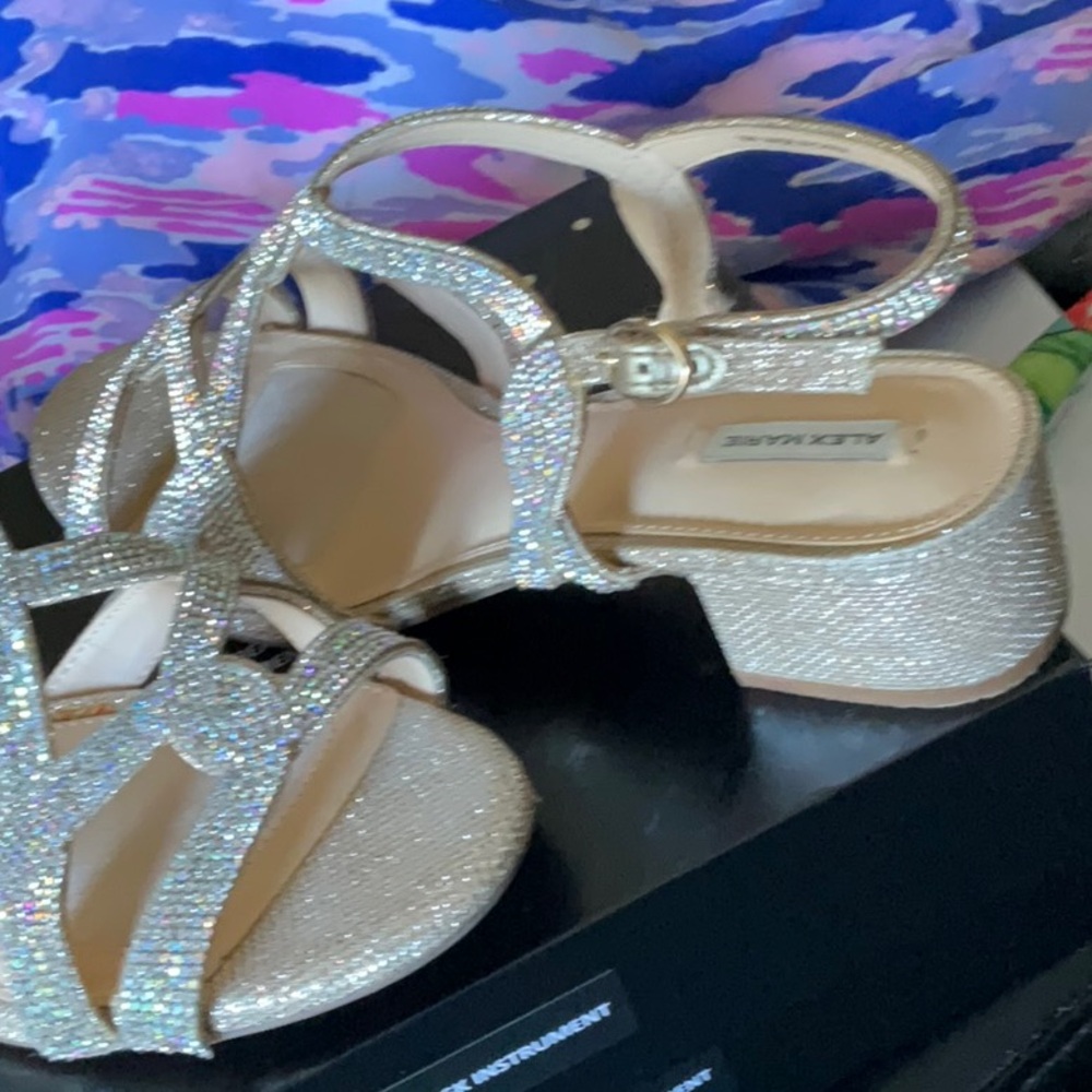 Alex Marie Gold Rhinestone Slingback Block Heel Sandals - Picture 2 of 3
